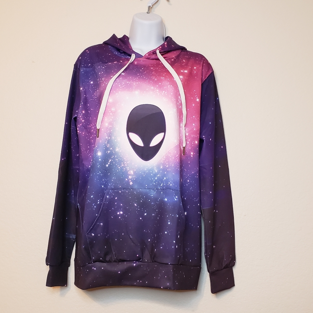 Unisex Juniors Pink Purple Galaxy Print Alien Hoodie Kangaroo Pocket Sweatshirt